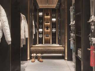 This luxurious ski chalet boasts a stunning, custom-designed ski and boot room.