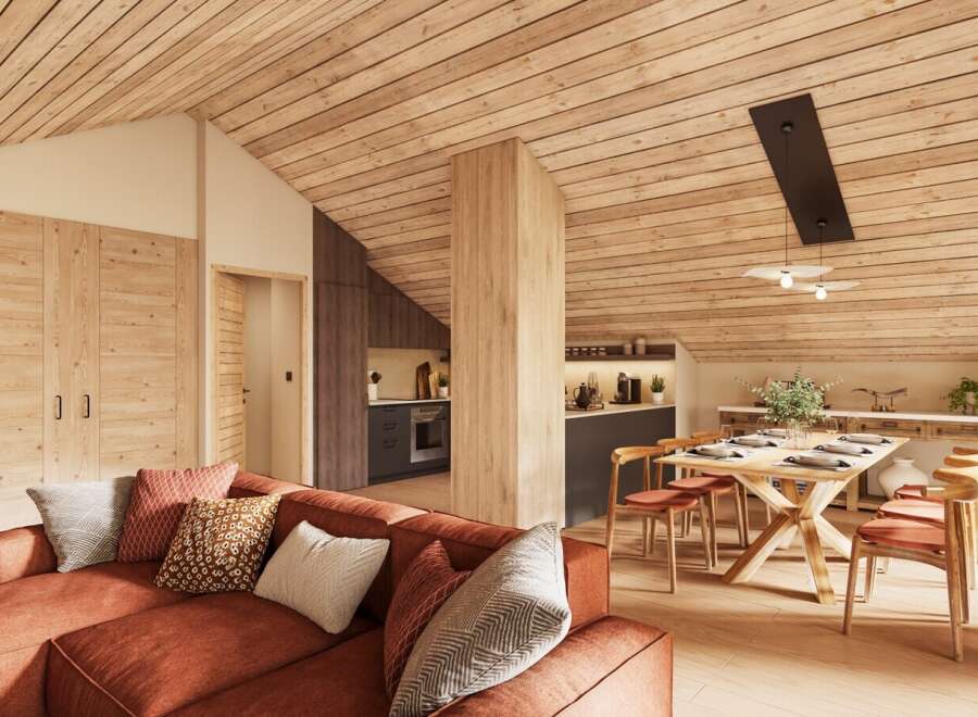 Experience the charm of this stunning property, featuring a warm and inviting interior with a rustic wooden ceiling.
