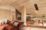 Experience the charm of this stunning property, featuring a warm and inviting interior with a rustic wooden ceiling.