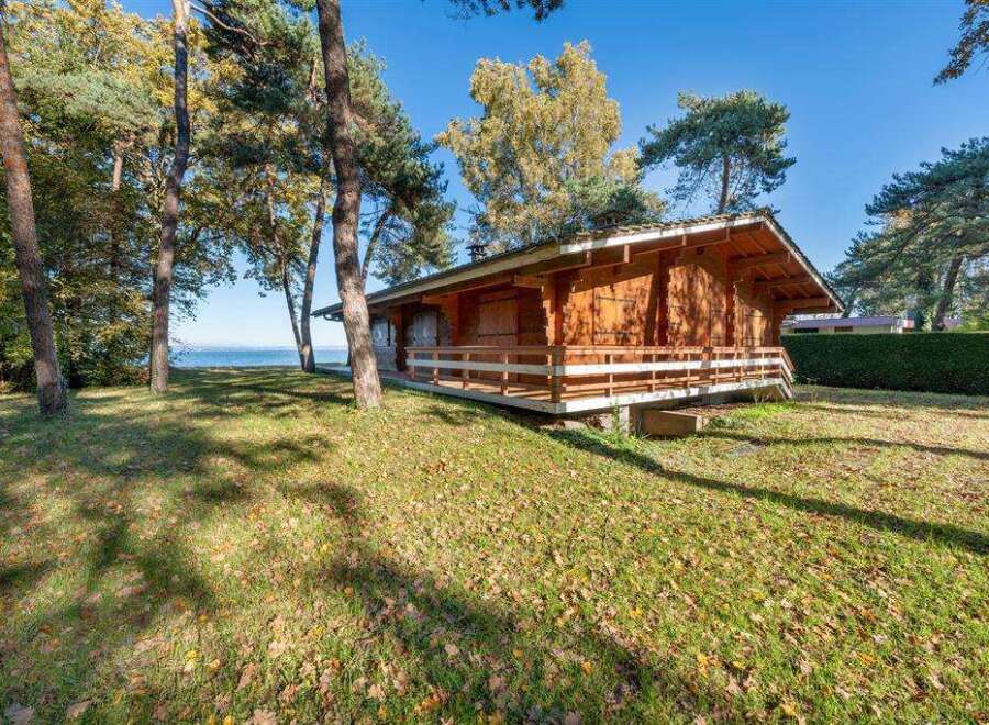 This charming lakeside log cabin offers a tranquil escape in a wooded setting.