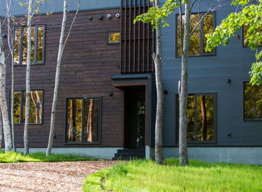 This stunning modern home boasts a unique blend of dark wood and sleek metal siding, creating a striking contrast.
