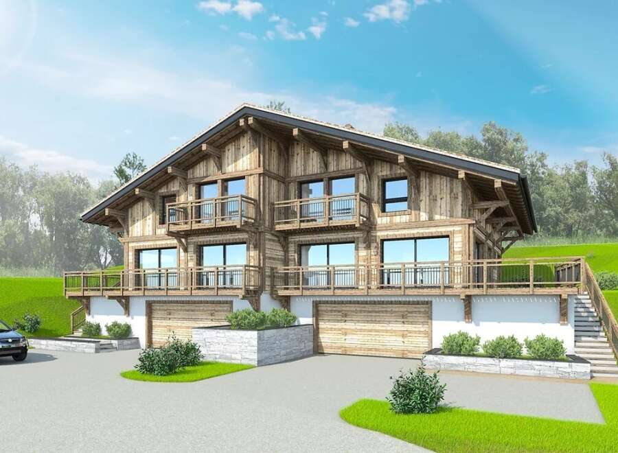 This stunning chalet-style home boasts a spacious design with two levels of living, each featuring private balconies.
