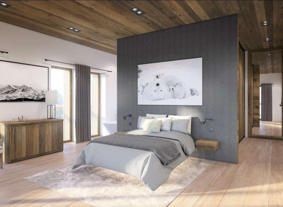 Luxurious mountain retreat boasting a stunning master bedroom with a cozy, rustic feel.