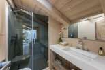 This luxurious bathroom boasts a spacious walk-in shower with glass enclosure and a sleek, modern sink.