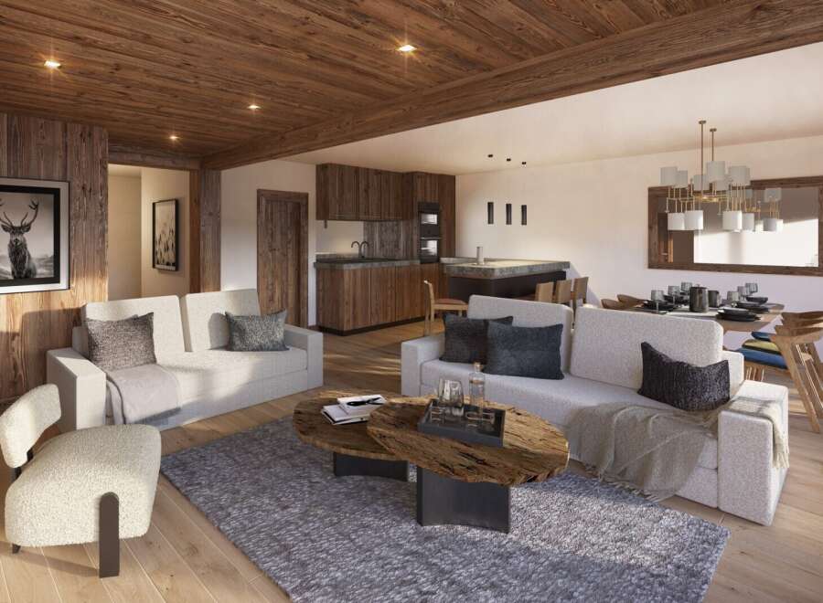 This stunning apartment boasts a spacious open-plan living area with a cozy fireplace, perfect for relaxing after a day on the slopes.