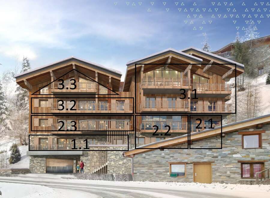 This stunning chalet boasts multiple levels of luxurious living spaces, each with its own private balcony offering breathtaking mountain views.