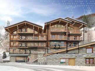 This stunning chalet boasts multiple levels of luxurious living spaces, each with its own private balcony offering breathtaking mountain views.