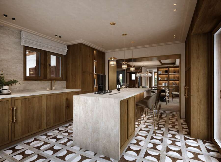 This stunning kitchen boasts a large island with a beige countertop, perfect for casual dining and meal preparation.