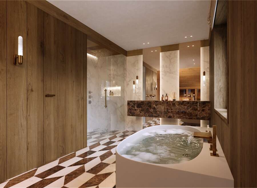 Luxurious bathroom with marble and wood finishes.