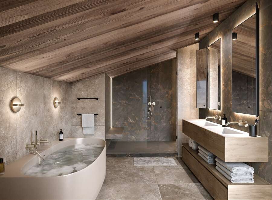 Luxurious bathroom with a freestanding tub and double vanity, showcasing a stunning blend of natural wood and marble.