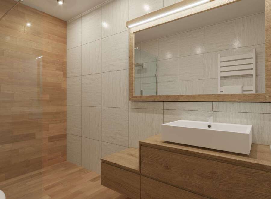This modern bathroom features a sleek design with wood accents.