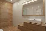 This modern bathroom features a sleek design with wood accents.