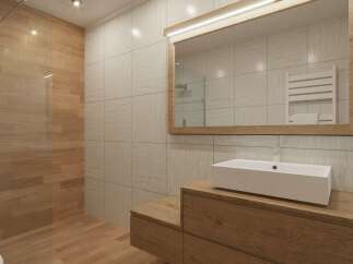 This modern bathroom features a sleek design with wood accents.