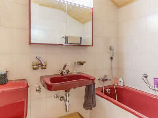 This charming bathroom features a vibrant red sink and bathtub, adding a pop of color to the space.