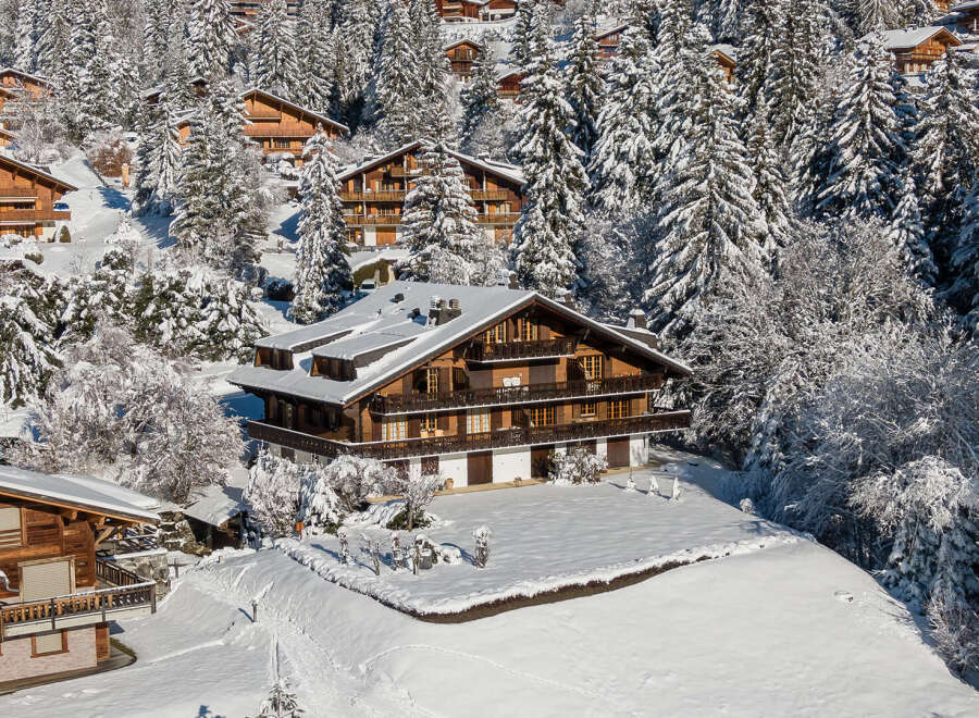 Nestled in a snowy landscape, this stunning chalet boasts a classic wooden design.