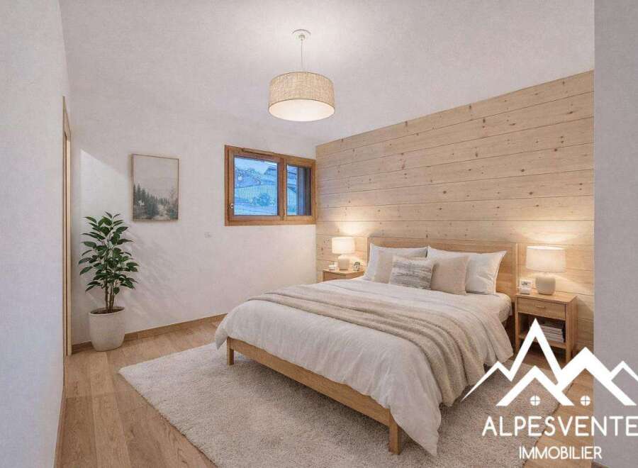 Discover the charm of this cozy bedroom, featuring a warm wooden accent wall and a plush rug.