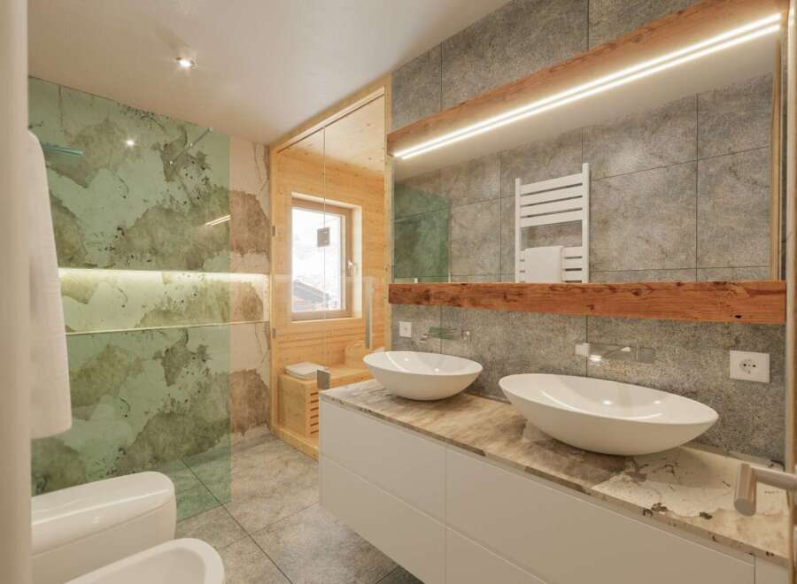 This luxurious bathroom features a modern design with a touch of rustic charm.
