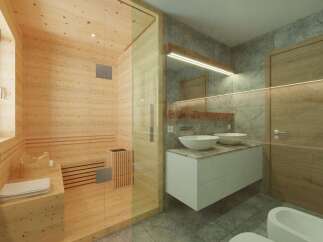 Experience ultimate relaxation in this luxurious bathroom featuring a modern sauna.