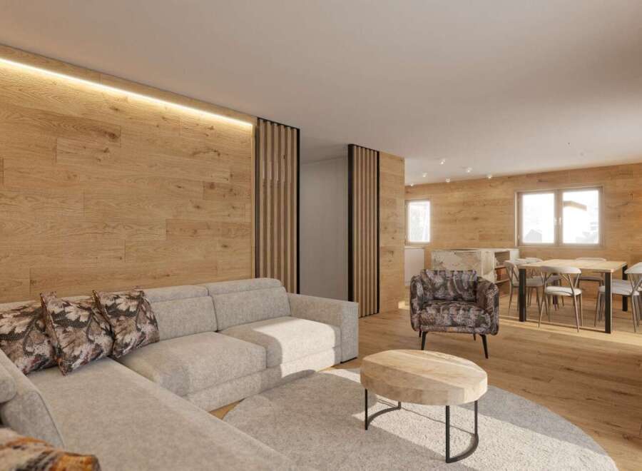 Experience modern living in this stunning property, featuring a stylish interior with wood paneling and a cozy ambiance.
