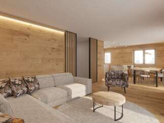 Experience modern living in this stunning property, featuring a stylish interior with wood paneling and a cozy ambiance.