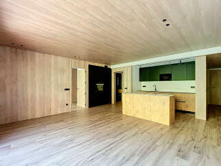 Stunning open-plan living space with light wood flooring and walls, creating a warm and inviting atmosphere.