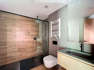 Modern bathroom with a walk-in shower, sleek sink vanity, and heated towel rack.