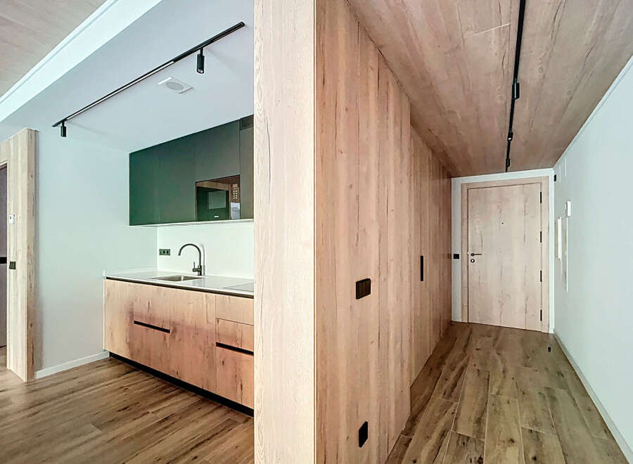 Modern apartment with stylish wooden features and a sleek kitchen.
