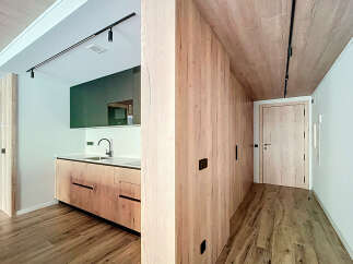 Modern apartment with stylish wooden features and a sleek kitchen.