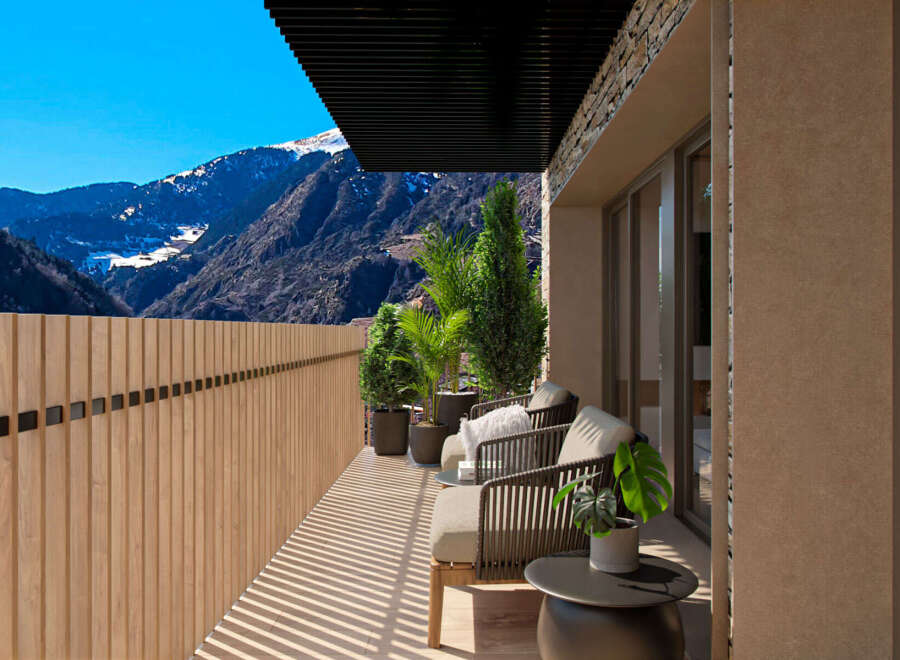 Luxury mountain view balcony with wooden fence and modern furniture.