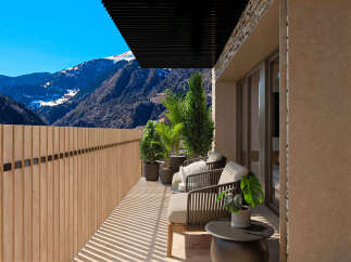 Luxury mountain view balcony with wooden fence and modern furniture.