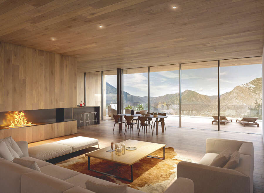 Mountain view living room with floor to ceiling windows, fireplace, and modern furniture.
