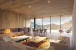 Mountain view living room with floor to ceiling windows, fireplace, and modern furniture.