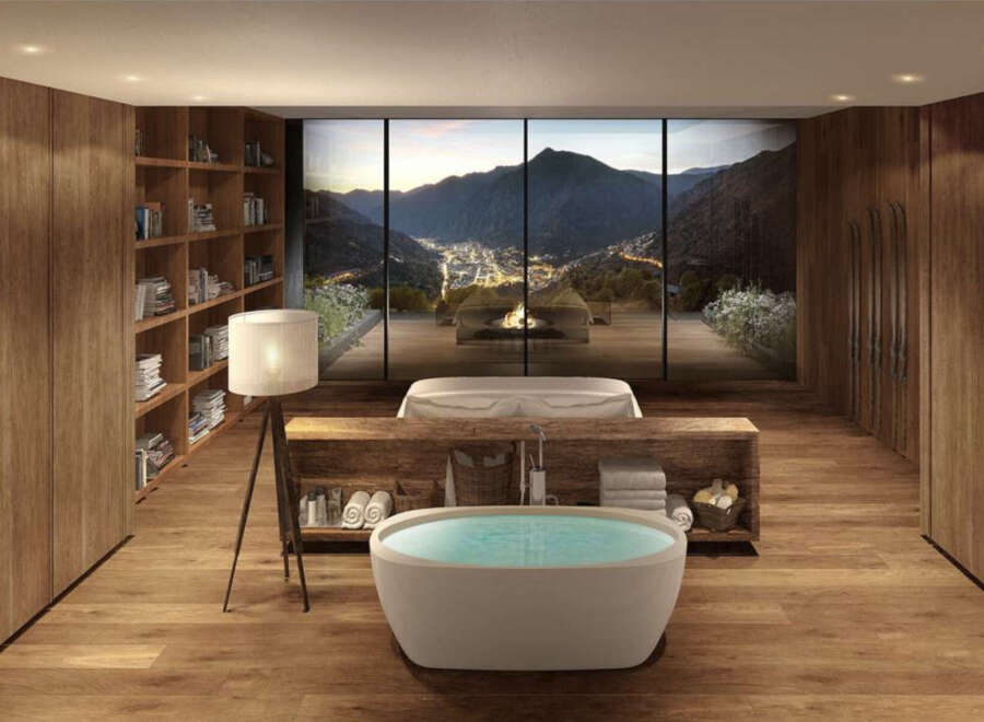 Luxury mountain retreat with breathtaking views and spa-like bathroom.