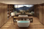 Luxury mountain retreat with breathtaking views and spa-like bathroom.