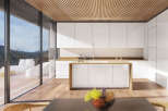 Modern kitchen with stunning mountain views.
