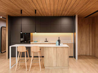 Modern kitchen with dark gray cabinets and light wood island, creating a stylish contrast.