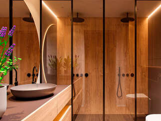 Luxurious bathroom with wooden walls and glass shower enclosure.