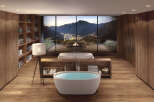 Luxury mountain retreat with breathtaking views and a spa-like bathroom featuring a freestanding oval bathtub.