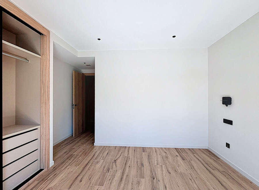 Discover the elegance of this modern space, featuring a sleek closet design and beautiful wooden flooring.