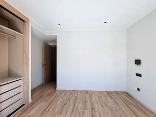 Discover the elegance of this modern space, featuring a sleek closet design and beautiful wooden flooring.