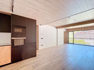 Stunning apartment boasting a modern kitchen with built-in appliances and sleek dark cabinetry.