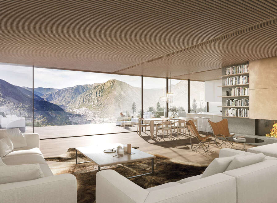 Mountain view luxury home with open floor plan, floor to ceiling windows, and modern fireplace.