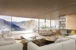 Mountain view luxury home with open floor plan, floor to ceiling windows, and modern fireplace.