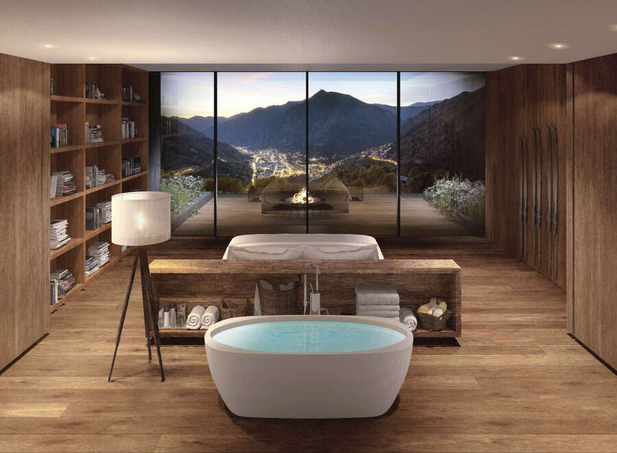 Luxury mountain retreat with breathtaking views and a spa-like bathroom featuring a freestanding oval bathtub.