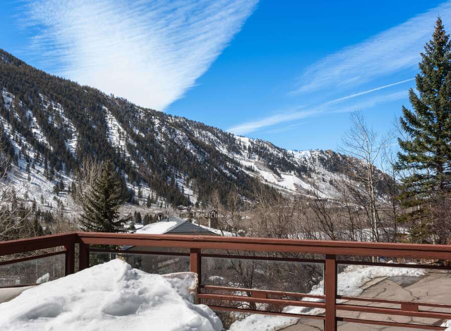 This stunning property boasts breathtaking views of snow-capped mountains and a lush forest, offering a serene escape in a picturesque setting.