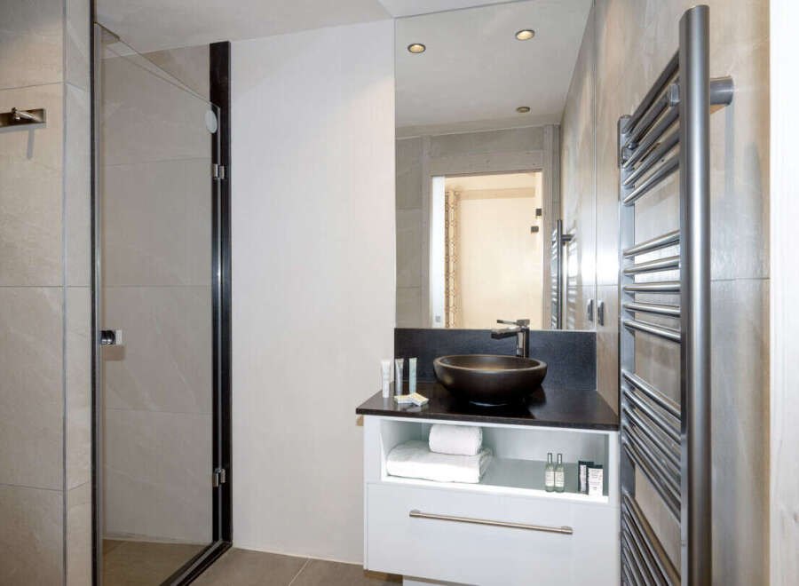 Modern bathroom with a sleek black sink and a frameless glass shower enclosure.