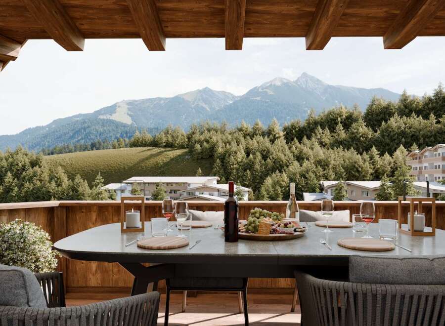 Enjoy breathtaking mountain views from this luxurious balcony.