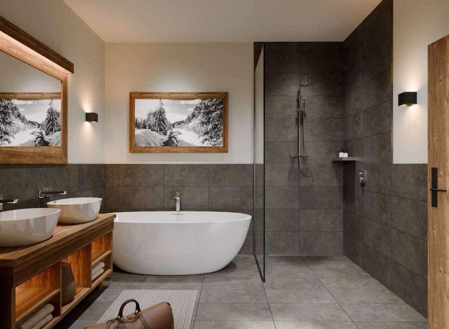This luxurious bathroom features a modern design with a touch of rustic charm.