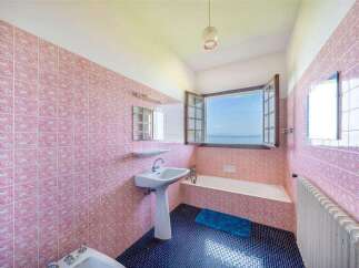 This charming bathroom boasts vintage pink tiles, creating a unique and nostalgic atmosphere.
