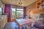 Mountain view apartment with balcony featuring a comfortable sofa bed, fully equipped kitchen and wooden flooring.
